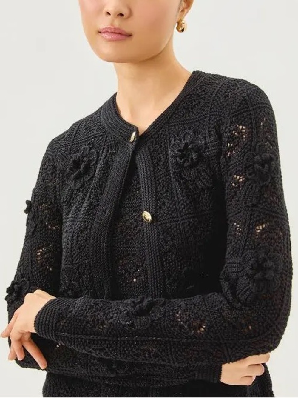 NWT Lilly Pulitzer black Lenalie metallic garden crochet cardigan sweater Sz XS